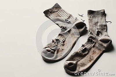 Dirty, torn socks on a light background. Place for text. Stock Photo