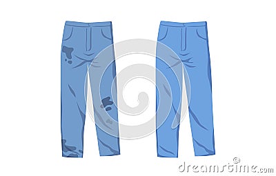 Dirty untidy jeans with stains and neat clean pants isolated on white background. Fresh tidy trousers with removed mud Vector Illustration
