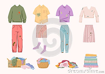 Dirty unwashed clothes set. Womens jacket with skirt green slime socks shorts tshirt with dog prints laundry basket Vector Illustration