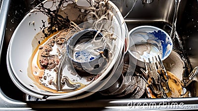 Dirty unwashed dishes with leftover food. Kitchen interior, sink. AI generated. Stock Photo