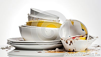 Dirty unwashed dishes with leftover food. Clutter concept. White background, isolate. AI generated. Stock Photo