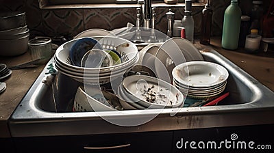 Dirty unwashed dishes with leftover food. Kitchen interior, sink. AI generated. Stock Photo