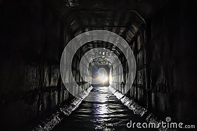 Dirty urban sewage flowing through rectangular sewer tunnel under Moscow Stock Photo