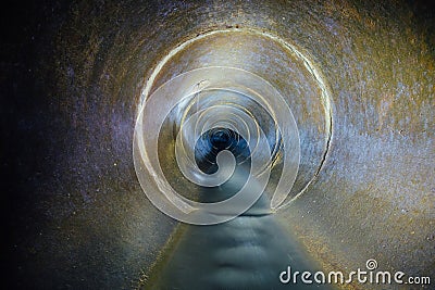 Urban sewage flowing throw round sewer tunnel pipe Stock Photo