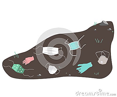 Dirty used medical masks and gloves lying on the ground. Coronavirus quarantine as a pollution problem, flat vector Vector Illustration