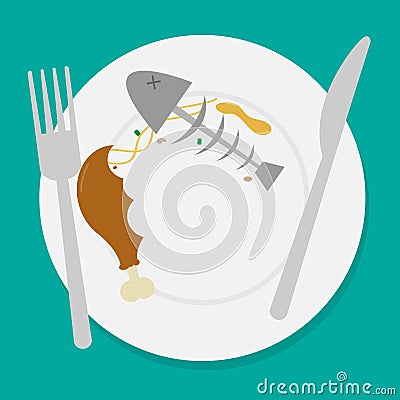 Dirty waste food on plate with fork and spoon. Vector Illustration