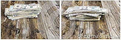 Cash pile paper money savings retro wood Stock Photo