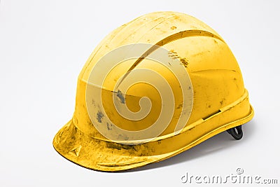 Dirty yellow hard hat Stock Photo