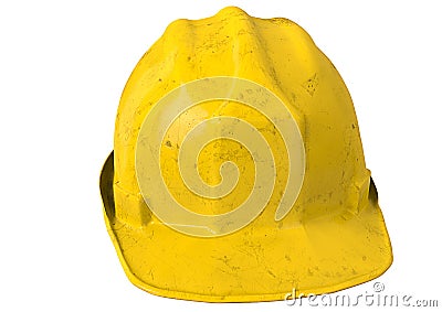 Dirty Yellow safety helmet or hard hat on white background Stock Photo