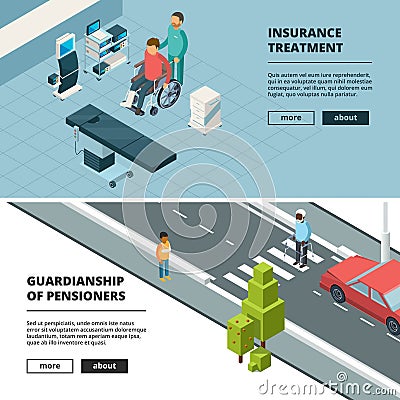 Disabilities persons banners. Invalids home and hospital special equipment wheelchairs walkers crutches gypsum vector Vector Illustration