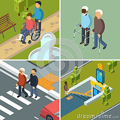 Disability in city. Urban healthcare invalids wheelchairs walkers crutches equipment and helpers persons vector concept Vector Illustration