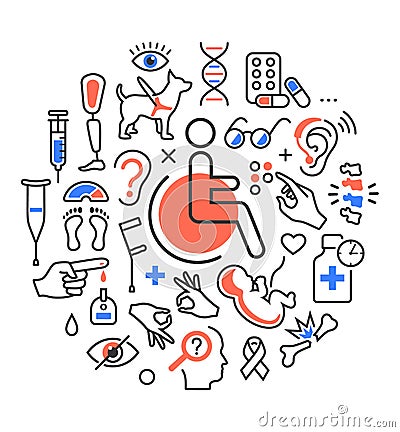Disability Concept Medical Icons Signs on White Vector Illustration