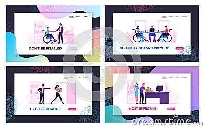 Disability Employment and Dismissal Website Landing Page Set. Angry Boss Fired Employee. Handicapped Person Adaptation Vector Illustration