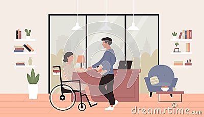 Disability employment concept vector illustration, cartoon flat happy young woman in wheelchair shaking hand with Vector Illustration