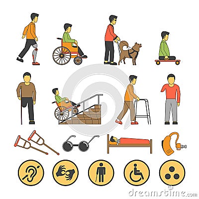 Disability handicapped people with limited physical opportunities vector icons Vector Illustration