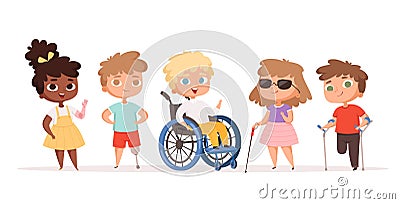 Disability kids. Children in wheelchair unhealthy people handicapped vector people Vector Illustration