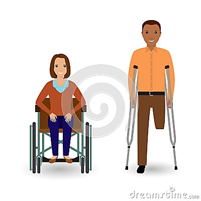 Disability people concept. Invalid woman in wheelchair and disabled man with crutches isolated on a white background. Vector Illustration