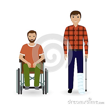 Disability people concept. Two invalid men with disabled legs on a white background. Vector Illustration