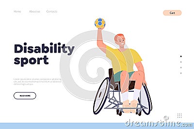 Disability sport landing page template with portrait of sportsman in wheelchair playing volleyball Vector Illustration