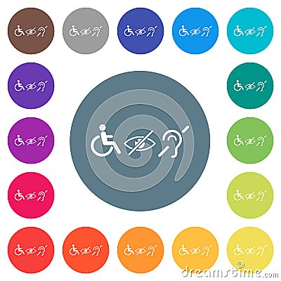 Disability symbols flat white icons on round color backgrounds Vector Illustration