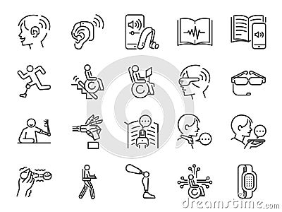 Disability with technology line icon set. Included the icons as assistive device, assistive technologies, adaptive technology, Dis Vector Illustration