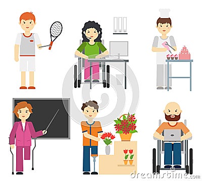 Disability young workers isolated on white background. Handicapped people at work, disabled occupations in wheelchair Vector Illustration