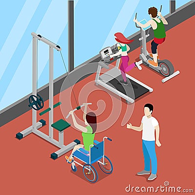 Disable Woman on Wheelchair Exercising in Gym. Disability Isometric People. Vector Illustration