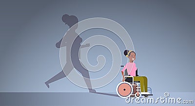 Disabled african american girl on wheelchair dreaming about recovery shadow of healthy woman running imagination Vector Illustration