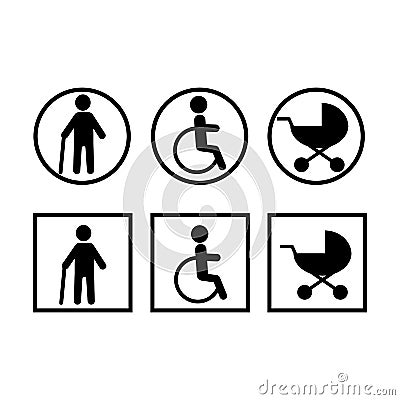 Disabled, baby stroller, crutches .Set Icons.Stickers round and square. Vector Illustration