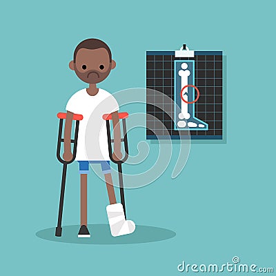 Disabled black man on crutches with broken leg / Cartoon Illustration