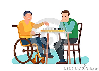 Disabled boy playing chess with friend. Handicapped player at chessboard. Man in wheelchair. Strategy game. Persons with Vector Illustration