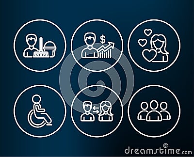 Disabled, Business growth and Cleaning service icons. People communication, Love and Group signs. Vector Illustration