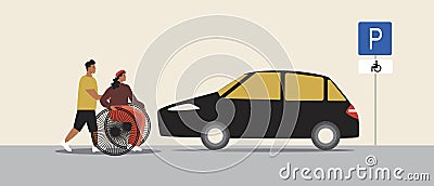 Disabled car, helper help, Flat vector stock illustration with Disabled person in inclusive parking Cartoon Illustration