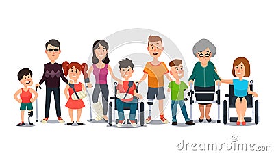 Disabled characters. People with special needs. Student in wheelchair, man with disability and elderly on crutches Vector Illustration