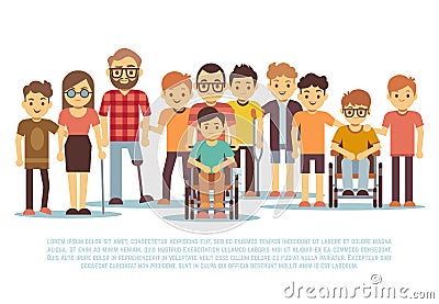 Disabled child, handicapped children, diverse students in wheelchair vector set Vector Illustration