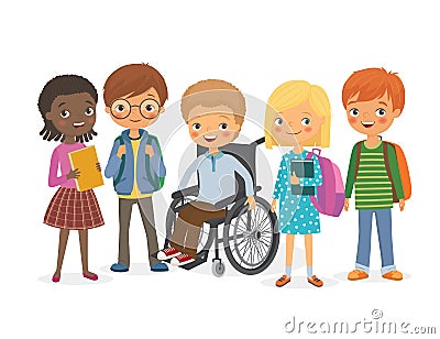 Disabled child with his international friends Vector Illustration