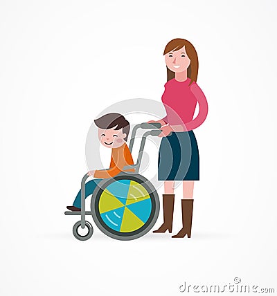 Disabled child in a wheelchair with parent Vector Illustration