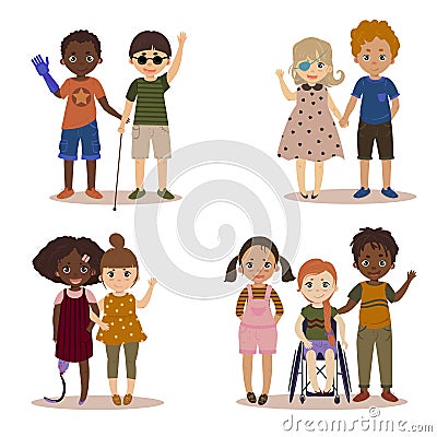 Disabled children with friends. Vector Illustration