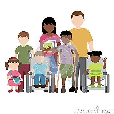 Disabled children with friends and teacher Vector Illustration