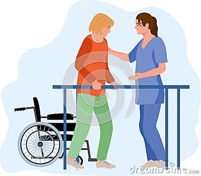 Disabled female at orthopedic rehabilitation therapy at clinic. Patient learning to walk using parallel bars with help Vector Illustration