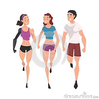 Disabled Girl with Arm Prosthesis Doing Sports with Her Friends, Handicapped Woman Receiving Support and Having Good Vector Illustration