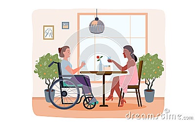 Disabled girl meeting with friend in cafe, talking, friendship handicap lifestyle Vector Illustration