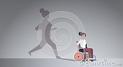 Disabled girl on wheelchair dreaming about recovery shadow of healthy woman running imagination aspiration concept Vector Illustration