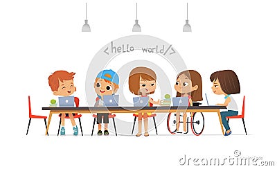 Disabled girl in wheelchair and other children sitting at laptops and learning coding during informatics lesson. School Vector Illustration