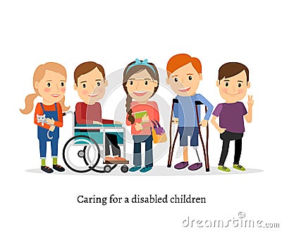 Disabled or handicapped children with friends Vector Illustration
