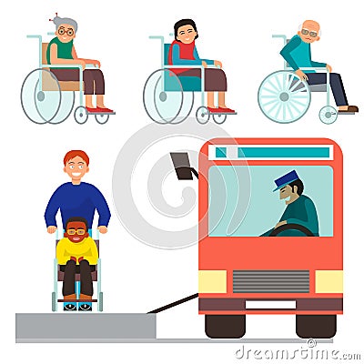 Disabled handicapped diverse people vector wheelchair invalid person help disability characters disable medical Vector Illustration