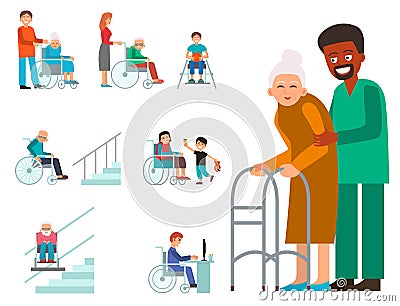 Disabled handicapped diverse people vector wheelchair invalid person help disability characters disable medical Vector Illustration