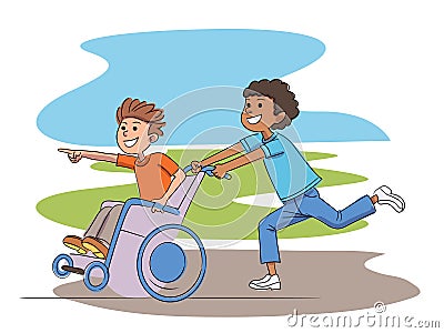 Disabled and healthy boy playing in yard together Vector Illustration