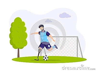 Disabled male football player with amputated leg. Athletic champion playing sport game handicapped Vector Illustration