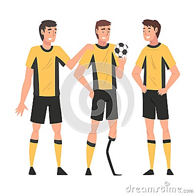 Disabled Man Playing Soccer with His Friends, Handicapped Man Receiving Support and Having Good Time, Person Enjoying Vector Illustration
